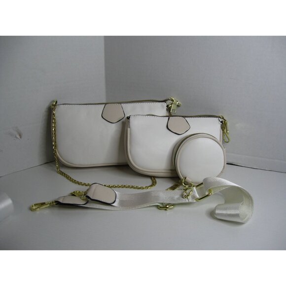 Trendy White Faux Leather Purse Set With Chain & Adjustable Strap Three Pieces W - Picture 2 of 3